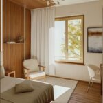 “잠 깨어나는 아침, 슬기로운 수면 습관이 건강을 바꾼다” Modern bedroom with wooden accents and natural light.