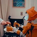 AI와 함께하는 건강관리, 일상에 스며드는 새로운 습관 Man gives robot bottles on a tray